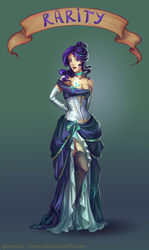 Size: 476x800 | Tagged: safe, artist:sparrow-chan, rarity, human, g4, boobie mark, cleavage, clothes, corset, dress, female, garter belt, hair bun, humanized, light skin, off shoulder, old banner, solo, stockings