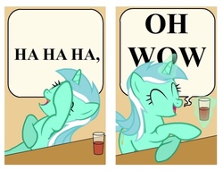 Size: 523x400 | Tagged: safe, artist:sersys, lyra heartstrings, pony, unicorn, g4, captain haddock, cup, drink, drunk, eyes closed, female, glass, ha ha ha oh wow, laughing, laughingmares.jpg, magic, mare, meme, open mouth, open smile, reaction image, smiling, solo, telekinesis, tintin