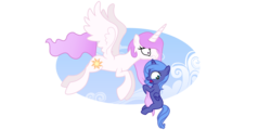 Size: 12700x6100 | Tagged: safe, artist:jordila-forge, princess celestia, princess luna, alicorn, pony, g4, absurd resolution, duo, female, filly, filly celestia, filly luna, flying, pink-mane celestia, royal sisters, scared, simple background, sisters, transparent background, woona, younger