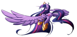 Size: 1409x682 | Tagged: safe, artist:secret-pony, twilight sparkle, alicorn, pony, g4, female, flying, looking back, mare, new crown, simple background, solo, transparent background, twilight sparkle (alicorn)
