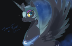 Size: 500x319 | Tagged: safe, artist:jiayi, nightmare moon, alicorn, pony, g4, armor, black background, ethereal mane, female, helmet, mare, simple background, solo, starry mane, thank you, wings