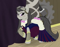 Size: 1280x1011 | Tagged: safe, artist:m-p-l, octavia melody, earth pony, pony, g4, blushing, clothes, dress, female, goggles, kicking, mare, pregnant, pregtavia, solo, steampunk