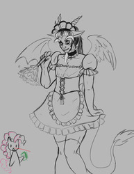 Size: 2550x3300 | Tagged: safe, artist:zabchan, discord, pinkie pie, human, g4, princess twilight sparkle (episode), season 4, clothes, crossdressing, femboy discord, frilly, gray background, grayscale, hopping on the bandwagon, humanized, maid, maid discord, male, monochrome, partial color, simple background, solo focus