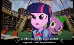 Size: 494x306 | Tagged: safe, screencap, spike, twilight sparkle, equestria girls, g4, meme, palestine, youtube caption