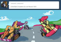 Size: 657x458 | Tagged: safe, artist:darkflame75, apple bloom, scootaloo, sweetie belle, g4, ask, cutie mark crusaders, cutie mark crusading, driving, go kart, student of the night, tumblr