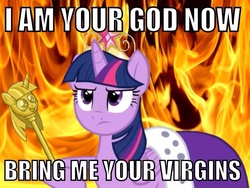 Size: 1000x750 | Tagged: safe, twilight sparkle, alicorn, pony, g4, princess twilight sparkle (episode), bring me your virgins, clothes, female, fire, image macro, mare, robe, solo, twilight scepter, twilight sparkle (alicorn)