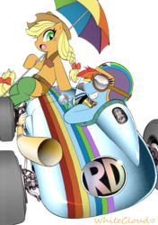 Size: 1200x1700 | Tagged: safe, artist:aoi takayuki, artist:whitecloud72988, applejack, rainbow dash, pony, g4, bipedal, car, clothes, colored, duo, goggles, helmet, racecar, umbrella