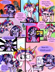Size: 1696x2205 | Tagged: safe, artist:frostykat13, princess cadance, twilight sparkle, g4, alternate hairstyle, brushie, comic, curling iron, filly, magic
