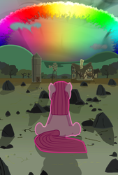 Size: 1127x1667 | Tagged: safe, artist:cleverderpy, artist:primalmoron, pinkie pie, g4, the cutie mark chronicles, back, female, filly, pinkamena diane pie, poster, rock farm, scene interpretation, solo, sonic rainboom