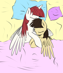 Size: 665x767 | Tagged: source needed, safe, artist:tiki2, artist:xioade, wild fire, oc, oc:fausticorn, g4, bed, duo, faustfire, female, hug, lesbian, pillow, shipping, sleeping, snuggling, staff shipping