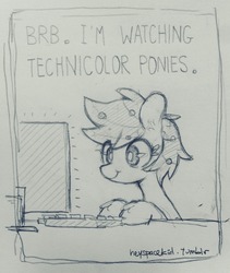 Size: 1082x1280 | Tagged: safe, artist:jopiter, oc, oc only, pony, artist, computer, monochrome, solo, traditional art