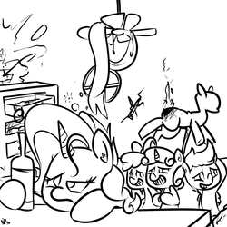 Size: 1600x1600 | Tagged: safe, artist:whydomenhavenipples, apple bloom, rarity, scootaloo, sweetie belle, g4, alcohol, black and white, cutie mark crusaders, destruction, drunk, drunk rarity, grayscale, monochrome, wine