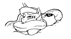 Size: 3012x1668 | Tagged: safe, artist:selenophile, princess luna, g4, bed, bedroom eyes, cute, female, lying down, monochrome, pillow, smiling, smirk, solo