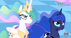 Size: 581x317 | Tagged: safe, screencap, princess celestia, princess luna, alicorn, pony, g4, princess twilight sparkle (episode), season 4, angry, animated, bruised, celestia is not amused, chestplate, crown, duo, ethereal mane, ethereal tail, female, flashback, flowing mane, flowing tail, folded wings, gif, glare, hub logo, jewelry, looking up, luna is not amused, mare, multicolored mane, plunder seeds, regalia, royal sisters, saddle bag, siblings, sisters, starry mane, unamused