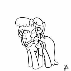 Size: 960x960 | Tagged: safe, artist:whydomenhavenipples, cheerilee, silver spoon, g4, bridle, filly, monochrome, ponies riding ponies, riding