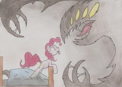 Size: 2194x1573 | Tagged: safe, artist:datte-before-dawn, pinkie pie, g4, :p, bed, eyes closed, female, monster, nightmare, smiling, solo, tongue out, traditional art