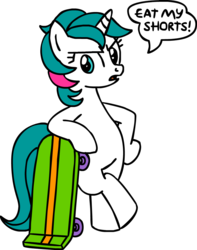 Size: 880x1117 | Tagged: safe, artist:hirake! pony key, gusty, pony, unicorn, g1, g4, akbar, bart simpson, bipedal, female, font, g1 to g4, generation leap, male, mare, nancy cartwright, simple background, skateboard, solo, the simpsons, transparent background, voice actor joke