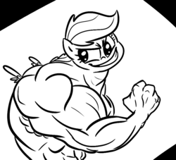 Size: 770x700 | Tagged: safe, artist:tess, scootaloo, anthro, g4, female, monochrome, muscles, scootaman, solo, strongaloo