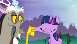 Size: 1267x719 | Tagged: safe, screencap, discord, twilight sparkle, alicorn, draconequus, pony, g4, princess twilight sparkle (episode), face pull, female, great moments in animation, mare, stretch, stretching, twilight sparkle (alicorn)