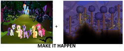 Size: 1120x462 | Tagged: safe, applejack, fluttershy, pinkie pie, rainbow dash, rarity, twilight sparkle, alicorn, pony, g4, everfree forest, exploitable meme, female, make it happen, mane six, mare, meme, platformer, terraria, twilight sparkle (alicorn)