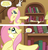 Size: 711x744 | Tagged: safe, artist:tony fleecs, edit, idw, angel bunny, fluttershy, pony, g4, bipedal, book, comic, dialogue, humie, library, my little human, secret, text edit