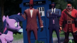 Size: 1366x768 | Tagged: safe, artist:fezwearingdoctor, twilight sparkle, alicorn, pony, g4, season 4, 3d, day of the doctor, doctor who, eleventh doctor, female, fez, gmod, hat, mare, soldier, soldier (tf2), spy, spy (tf2), tardis, team fortress 2, tenth doctor, twilight sparkle (alicorn), war doctor, wat