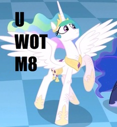 Size: 616x666 | Tagged: safe, edit, edited screencap, screencap, princess celestia, g4, season 4, faic, image macro, no tail, u wot m8