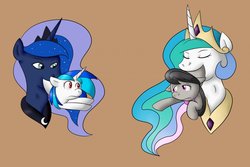 Size: 1280x853 | Tagged: safe, artist:emeraldfur, dj pon-3, octavia melody, princess celestia, princess luna, vinyl scratch, pony, g4, eyes closed, female, fetish, lunapred, mare, princess vorestia, swallowing, throat bulge, vore