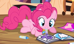 Size: 639x386 | Tagged: safe, screencap, pinkie pie, earth pony, pony, g4, princess twilight sparkle (episode), season 4, coloring, coloring book, crayon, cute, diapinkes, female, get, index get, mare, mouth hold, prone, smiling, solo