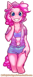 Size: 1812x4171 | Tagged: dead source, safe, artist:notsafeforequestrian, artist:php94, pinkie pie, earth pony, anthro, g4, belly button, blushing, cleavage, clothes, female, grin, hoodie, midriff, shorts, solo, sports bra