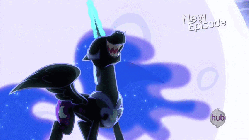 Size: 853x479 | Tagged: safe, screencap, nightmare moon, g4, princess twilight sparkle (episode), season 4, animated, backlighting, evil laugh, female, laughing, magic, moon, nose in the air, solo, volumetric mouth