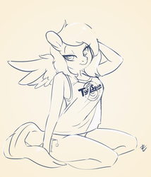 Size: 800x935 | Tagged: source needed, safe, artist:lizombie, oc, oc only, pegasus, anthro, anthro oc, arm behind head, breasts, clothes, female, female oc, monochrome, nudity, panties, partial nudity, pegasus oc, signature, sitting, sketch, solo, space jam, sports outfit, spread wings, underwear, wings