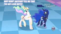 Size: 640x360 | Tagged: safe, princess celestia, princess luna, g4, princess twilight sparkle (episode), season 4, caption, image macro, no tail, spaceballs the tag