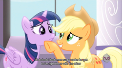 Size: 640x355 | Tagged: safe, edit, edited screencap, screencap, applejack, twilight sparkle, alicorn, pony, g4, princess twilight sparkle (episode), season 4, caption, female, mare, meme, mlp-captions, racism, twilight sparkle (alicorn), youtube caption