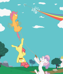 Size: 1800x2125 | Tagged: safe, artist:gildedowl, apple bloom, scootaloo, sweetie belle, g4, cutie mark crusaders, fangasm, flying, implied rainbow dash, jump rope, observer, rainbow, scared, scootaloo can fly, suspended, trail, tree, upside down, vertigo, voyeur