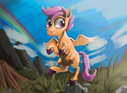 Size: 1330x973 | Tagged: safe, artist:gildedowl, scootaloo, g4, balancing, cloud, cloudy, female, mountain, rainbow, rock, smiling, solo, spread wings, unshorn fetlocks