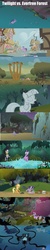 Size: 1920x9518 | Tagged: safe, edit, edited screencap, screencap, applejack, berry punch, berryshine, fluttershy, owlowiscious, pinkie pie, spike, twilight sparkle, zecora, alicorn, cragadile, crocodile, dragon, hydra, parasprite, pony, zebra, feeling pinkie keen, friendship is magic, g4, magic duel, owl's well that ends well, princess twilight sparkle (episode), spike at your service, stare master, swarm of the century, comparison, dragons riding ponies, everfree forest, female, hub logo, mare, monster, multiple heads, petrification, riding, spike riding twilight, statue, stone, twilight sparkle (alicorn)