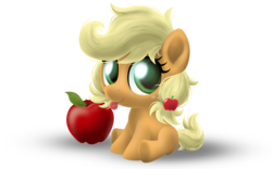 Size: 5600x3500 | Tagged: safe, artist:symbianl, applejack, earth pony, pony, g4, apple, baby, baby pony, babyjack, female, filly, foal, obligatory apple, sitting, solo, tongue out