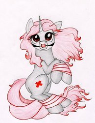 Size: 900x1157 | Tagged: safe, artist:azurushka, oc, oc only, pony, unicorn, ballgag, bondage, female, gag, mare, nurse, ribbon, solo