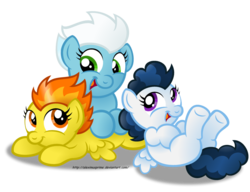 Size: 1024x786 | Tagged: safe, artist:aleximusprime, fleetfoot, high winds, spitfire, pegasus, pony, g4, blue coat, cute, cutefire, diafleetes, diawindies, eye contact, female, filly, filly fleetfoot, filly high winds, filly spitfire, leaning, looking at each other, on back, open mouth, pony pile, prone, simple background, smiling, tail, transparent background, white mane, white tail, wonderbolts, younger