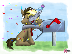 Size: 3920x2940 | Tagged: safe, artist:clouddg, derpy hooves, doctor whooves, time turner, earth pony, pegasus, pony, g4, derpy inside a mailbox, duo, female, hat, hug, mailbox, male, mare, party hat, ship:doctorderpy, shipping, stallion, straight