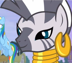 Size: 540x471 | Tagged: safe, screencap, rainbow dash, zecora, zebra, g4, princess twilight sparkle (episode), cropped, ear piercing, earring, female, flashback potion, jewelry, mare, neck rings, piercing, reaction image, solo focus