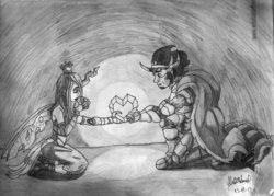 Size: 1056x756 | Tagged: safe, artist:infinityvoid, king sombra, queen chrysalis, human, g4, crystal heart, female, humanized, male, monochrome, ship:chrysombra, shipping, straight, traditional art, unholy matrimony