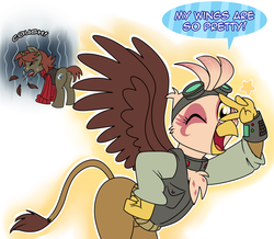 Size: 950x827 | Tagged: safe, artist:madmax, oc, oc only, oc:double tap, oc:paharita, griffon, pony, unicorn, fallout equestria, fallout equestria: anywhere but here, bomb collar, butt, chest fluff, collar, coughing, dialogue, fanfic, looking at you, my wings are so pretty, one eye closed, open mouth, pipboy, pipbuck, plot, preening, smiling, spread wings, stars, wink
