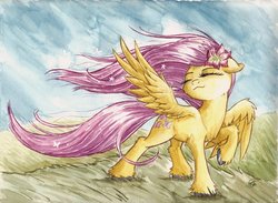 Size: 1024x750 | Tagged: safe, artist:the-wizard-of-art, fluttershy, pegasus, pony, g4, eyes closed, female, flower, grass, hooves, mare, raised hoof, solo, spread wings, traditional art, unshorn fetlocks, watercolor painting, windswept mane, wings