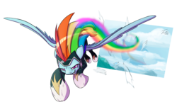 Size: 1920x1156 | Tagged: safe, artist:tsitra360, rainbow dash, zapp, g4, power ponies (episode), female, flying, fourth wall, out of frame, power ponies, simple background, solo, transparent background