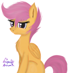 Size: 1270x1369 | Tagged: safe, artist:liquidarrow-x, scootaloo, pegasus, pony, g4, female, looking at you, mare, signature, simple background, sitting, solo, transparent background