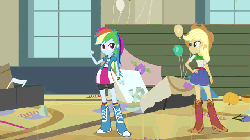 Size: 640x360 | Tagged: safe, edit, edited screencap, screencap, applejack, fluttershy, pinkie pie, rainbow dash, rarity, twilight sparkle, equestria girls, g4, princess twilight sparkle (episode), season 4, animated, balloon, broom, female, meme, throwing things at fluttershy, time to come together, twilight scepter