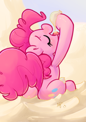 Size: 849x1200 | Tagged: safe, artist:ajin, pinkie pie, earth pony, pony, g4, butt, creamy creamy frosting, eating, eyes closed, female, food, frosting, mare, messy, pile, plot, solo, tongue out