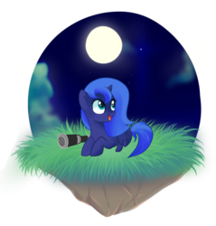 Size: 900x943 | Tagged: dead source, safe, artist:fikakorv, princess luna, g4, cute, dirt cube, female, filly, moon, partial background, solo, telescope, woona